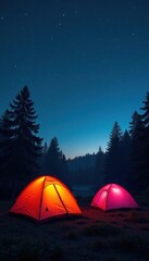 Silhouetted tents against a dusky forest backdrop, stars beginning to appear , tents, light