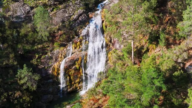 Cadarnoxo Waterfall In Summer In Boiro, Spain. - wide static shot