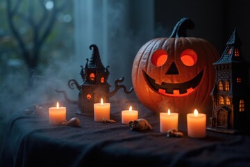 A spooky Halloween table filled with eerie candles, haunted house figurines, and a large, smiling jack-o'-lantern. Fog rolls across the table, creating a mysterious vibe.