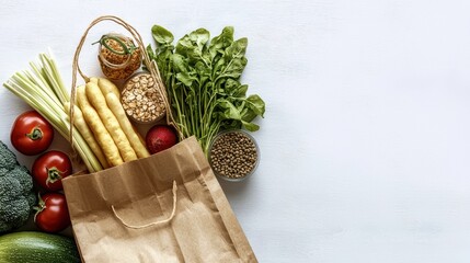 Grocery shopping fresh produce collection kitchen counter food photography modern setting top-down view healthy eating concept