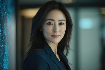 Fototapeta premium Portrait of a confident Asian businesswoman in a dark blue blazer, standing near a glowing digital display.