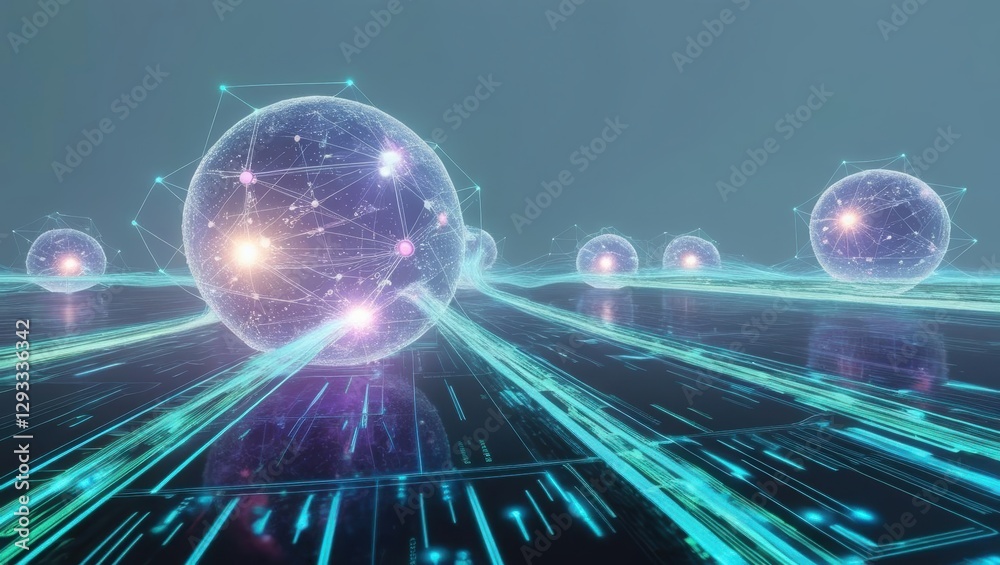 Poster sphere with glowing lines and dots creating a futuristic aesthetic in a dark background setting