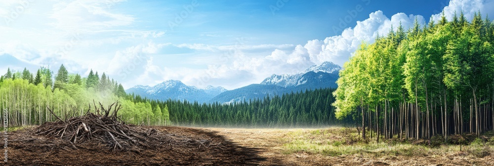 Aufkleber contrast between deforested land and thriving green forest emphasizes need for nature conservation a