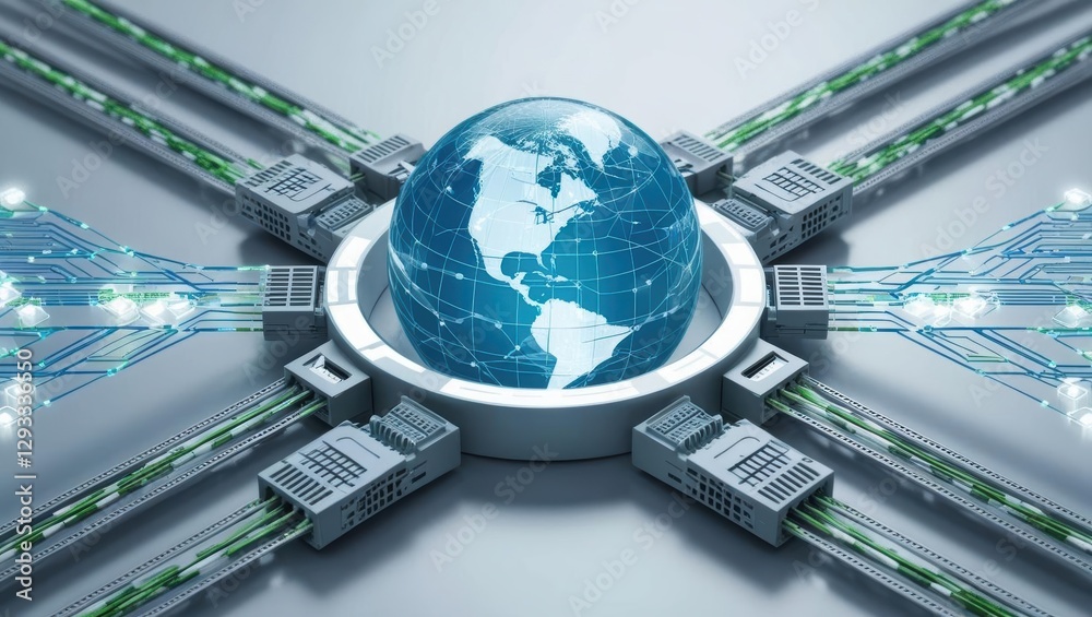 Poster globe surrounded by multiple servers in a high-tech environment emphasizing network connectivity