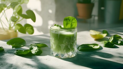 A refreshing glass of green juice filled with nutrient-rich ingredients, perfect for a healthy lifestyle and wellness routine