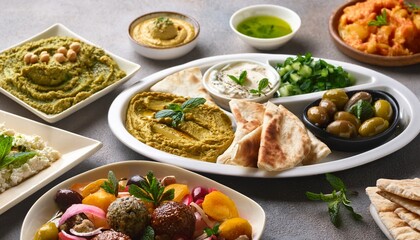 Middle Eastern Mezze Variety: Halal Cuisine on a Rustic Concrete Backdrop
