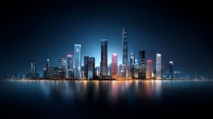 Fototapeta premium Stunning City Skyline at Night with Reflective Water Surface