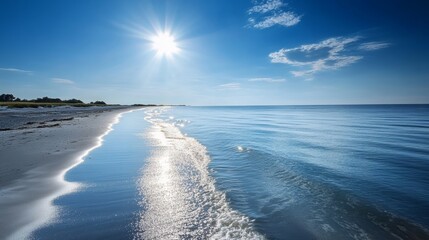 Fototapeta premium Radiant Beach: Sunlit Waterscape White Sand Tranquil Shoreline 