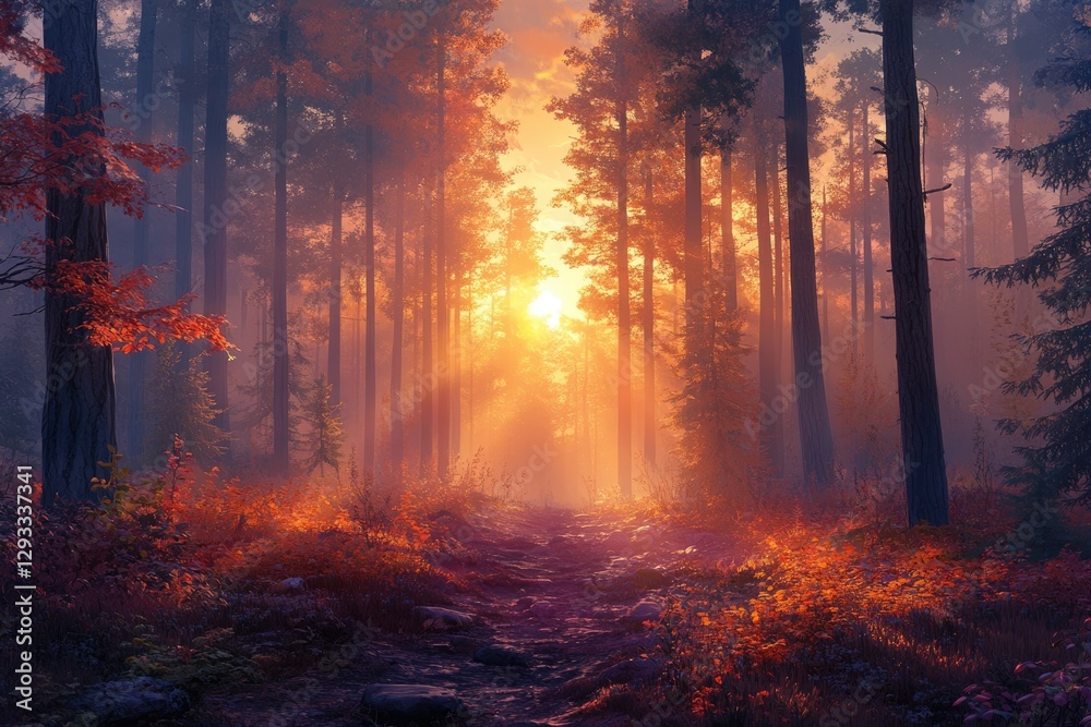 Poster Sunlit path through a misty autumn forest, golden hour light illuminating the trees and undergrowth.