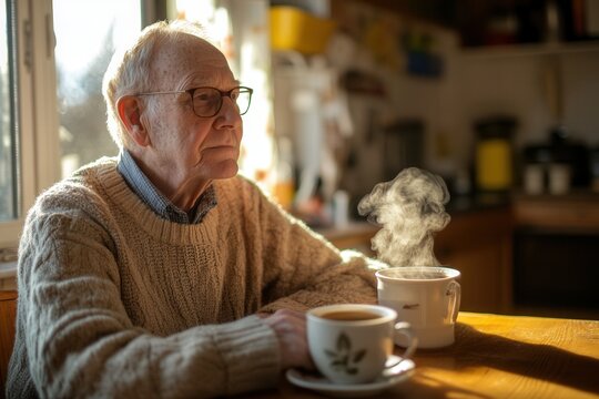 Elderly Man Drinking Tea in a Kitchen
