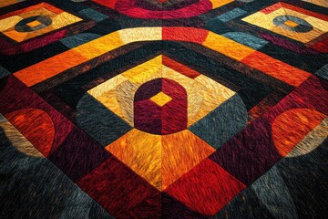 Abstract geometric pattern in warm, earthy tones; intricate design with wood-like texture.