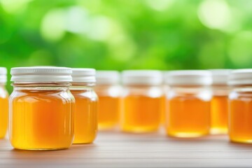 Freshly harvested honey jars on wooden background