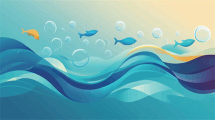 Digital illustration depicting stylized, flowing waves in shades of blue and turquoise.  Several small, cartoonish fish in blue and yellow are swimming amidst the waves.  Numerous translucent,