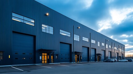 Modern dark blue steel warehouse exterior with office and parking for industrial logistics