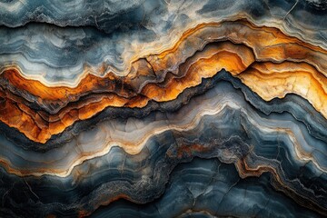 Obraz premium Abstract image showcasing layered rock formations in shades of grey, orange, and brown, resembling a geological cross-section.