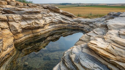 Fototapeta premium Weathered Rock Pool & Golden Farmland 