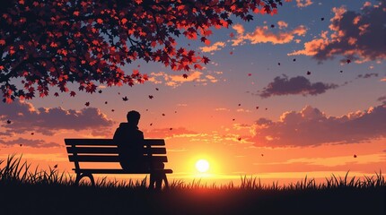 Obraz premium Wallpaper of man sitting on the bench alone under the tree. Sunset view