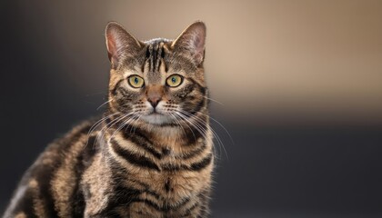 Brown and Black Tabby Cat Sitting Peacefully in a Cozy Rustic Home with Warm Tones and Soft Textures, Capturing the Calm and Serene Atmosphere.