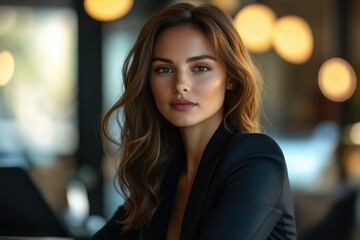 Obraz premium A beautiful woman with long brown hair and subtle makeup, captured in a portrait.