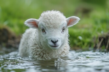 Obraz premium Lamb drinking water in a serene meadow during bright daylight in springtime