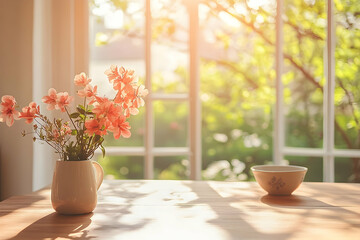Fototapeta premium Serene Morning Still Life, Flowers, Sunlight, and Tranquility at Home