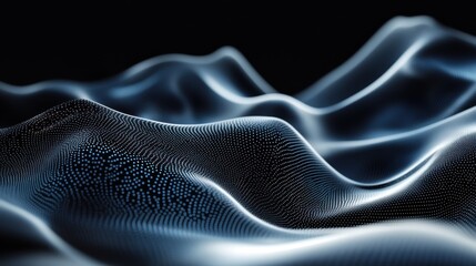 Obraz premium Abstract blue wave landscape. Digital surface with many small dots. Wavy surface forming smooth hills and valleys. Futuristic background on dark.