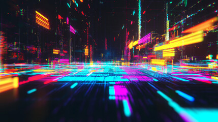 Fototapeta premium Retro vhs tv screen error effect with colorful lines and pixels texture on black background. Realistic vector illustration of abstract vintage video play or rewind digital error or television noise.