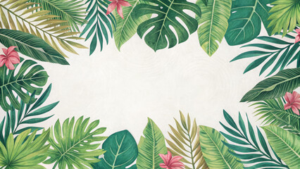 Tropical leaf border frame repeat pattern. Great for summer party invitations, beach-themed decor, or vibrant stationery. Surface pattern design, tropical jungle frame, green leaves frame