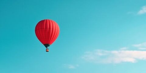 Naklejka premium A red hot air balloon is floating in the sky above a blue sky. The balloon is the only object in the image, and it is the main focus of the scene. Concept of freedom and adventure