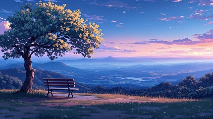 Obraz premium Beautiful scenery of an empty bench under the tree on hill. Panoramic lanscape view of the valley