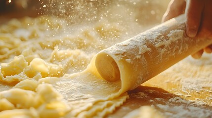 Rolling wooden rolling pin in hand