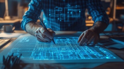 Engineer Working On Plans In Dark Workspace