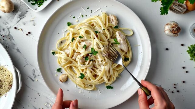 Enjoy a flavorful dish of creamy chicken fettuccine beautifully plated with herbs and garlic for a delightful culinary experience
