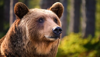 Fototapeta premium Closeup of a Brown Bears Majestic Head in a Dense Forest at Dusk, with Warm Amber Eyes Gazing Intently Amidst Autumnal Hues and Textured Mossy Branches.