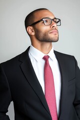 A man in a suit and tie with glasses and a red tie. He is looking up at the camera