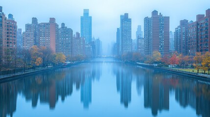 Obraz premium Foggy NYC Skyline Reflecting on Canal