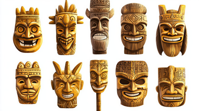Fototapeta Gold tiki masks, hawaiian tribal totem with god faces. Vector cartoon set of ancient polynesian statues, golden traditional tikki masks isolated on background