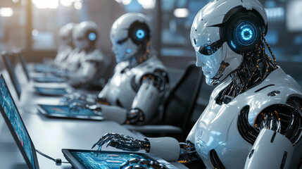 Fototapeta premium Human and ai robots office workers. Robotic employees together with people in futuristic workplace. Cyborgs automation, artificial intelligence technologies, isometric 3d vector line art illustration