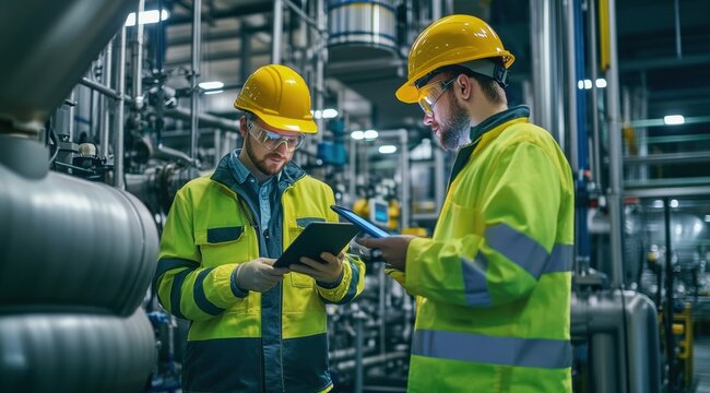 Inspecting industrial equipment by engineers in a factory setting with data tablets and safety gear