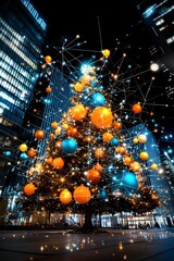 Obraz premium Futuristic Christmas Tree in Cityscape at Night.