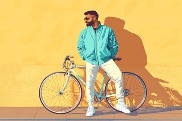 Fototapeta premium stylish middle eastern man in turquoise jacket leaning against bicycle, casting shadow on yellow wall. urban lifestyle and fashion. young guy with sunglasses, fashion illustration, lifestyle