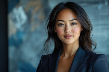 Obraz premium Portrait of a young Asian woman with long dark hair, wearing a dark blazer, against a blurred background.