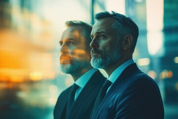 Obraz premium Two pensive businessmen in suits stand by a window, gazing at the city lights, contemplating future strategies.