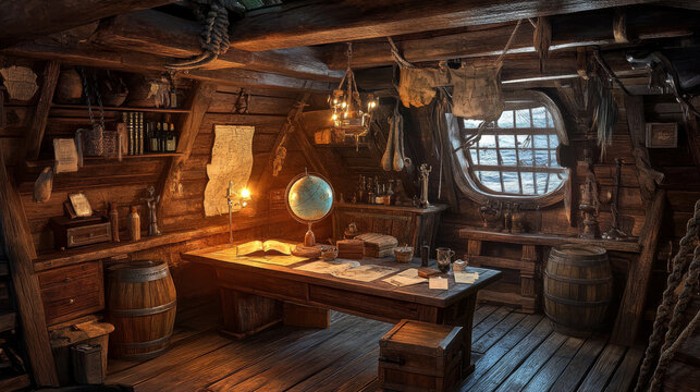 Old pirate ship inside at sunset. Wooden boat captain cabin interior with table, treasure chest, barrels, candles, rum bottles and books on shelves, grobe and paper map, vector cartoon illustration