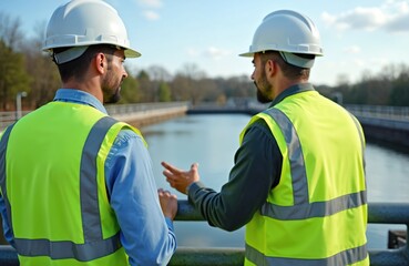 Engineers in hard hats discuss water treatment plant system, water recycling plant for reuse. Technicians oversee wastewater treatment, engineering clean water supply for city with modern