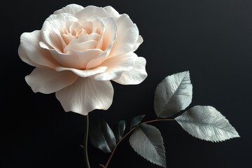 Beautifully crafted rose with delicate petals and silver leaves on a dark background