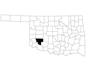 Obraz premium Map of Kiowa County in Oklahoma state on white background. single County map highlighted by black colour on Oklahoma map. UNITED STATES, US