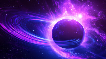 Purple space solar eclipse light glow in galaxy vector. Neon universe planet flare and ray abstract outer world ring. Cosmic sunrise shine with blue sparkle. Isolated halo edge on black background