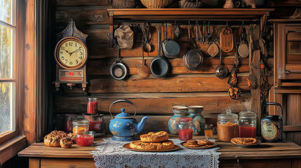 Russian style cartoon poster with old rural kitchen interior stuff samovar on table with teapot and bakery in plates, Cuckoo-clock, jam and utensils on wooden shelf, traditional house Vector poster