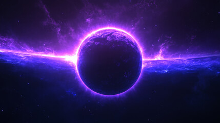 Obraz premium Purple space solar eclipse light glow in galaxy vector. Neon universe planet flare and ray abstract outer world ring. Cosmic sunrise shine with blue sparkle. Isolated halo edge on black background